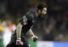 Juventus goalkeeper Gianluigi Buffon celebrates his team victory after the final whistle of the Champions League quarterfinal second leg soccer match between Monaco and Juventus at Louis II stadium in Monaco, Wednesday, April 22, 2015. (AP Photo/Lionel Cironneau)