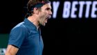 Switzerland's Roger Federer reacts during his fourth round match against Greece's Stefanos Tsitsipas at the Australian Open tennis championships in Melbourne, Australia, Sunday, Jan. 20, 2019. (AP Photo/Mark Schiefelbein)