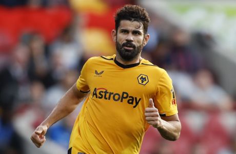 Wolverhampton Wanderers' Diego Costa in action during the English Premier League soccer match between Brentford and Wolverhampton Wanderers, at the Gtech Community Stadium in London, Saturday, Oct. 29, 2022. (AP Photo/Steve Luciano)
