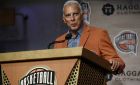 Basketball Hall of Fame inductee Nick Galis, of Greece, speaks during a news conference at the Naismith Memorial Basketball Hall of Fame, Thursday, Sept. 7, 2017, in Springfield, Mass. (AP Photo/Jessica Hill)