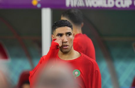 Morocco's Achraf Hakimi reacts after the World Cup third-place playoff soccer match between Croatia and Morocco at Khalifa International Stadium in Doha, Qatar, Saturday, Dec. 17, 2022. (AP Photo/Hassan Ammar)