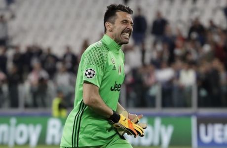 FILE - In this Tuesday, May 9, 2017 file photo, Juventus goalkeeper Gianluigi Buffon celebrates as he leaves the pitch after the Champions League semi final second leg soccer match between Juventus and Monaco in Turin, Italy. Juventus keeps on breaking records. And it set another one on Sunday when it clinched an unprecedented sixth successive Serie A title, with one game to spare, following a victory over Crotone. It is the first time since Serie A was founded in 1929 that a club has won six straight titles. (AP Photo/Luca Bruno, File)