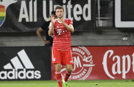 Bayern Munich forward Thomas Müller celebrates his goal during the second half of the team's soccer friendly against D.C. United, Wednesday, July 20, 2022, in Washington. Bayern Munich won 6-2. (AP Photo/Nick Wass)