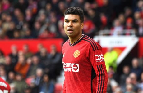 Manchester United's Casemiro during the English Premier League soccer match between Manchester United and Burnley at Old Trafford in Manchester, England, Saturday, April 27, 2024. (AP Photo/Rui Vieira)