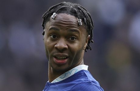 Chelsea's Raheem Sterling grimaces during the English Premier League soccer match between Tottenham Hotspur and Chelsea at Tottenham Hotspur Stadium in London, Sunday, Feb. 26, 2023.(AP Photo/Ian Walton)