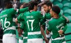 Sporting's Paulinho, 2nd right, celebrates with team mates after scoring his side's opening goal during the Europa League round of sixteen, first leg, soccer match between Sporting CP and Atalanta at the Alvalade stadium in Lisbon, Wednesday, March 6, 2024. (AP Photo/Armando Franca)