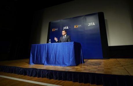 Japan Football Association (JFA) President Kozo Tashima speaks during a press conference at its headquarters in Tokyo, Monday, April 9, 2018. Tashima said Japan fired coach Vahid Halilhodzic two months before soccers World Cup in Russia and replaced him immediately on Monday with Japanese Akira Nishino, the technical director of the JFA. (AP Photo/Shizuo Kambayashi)