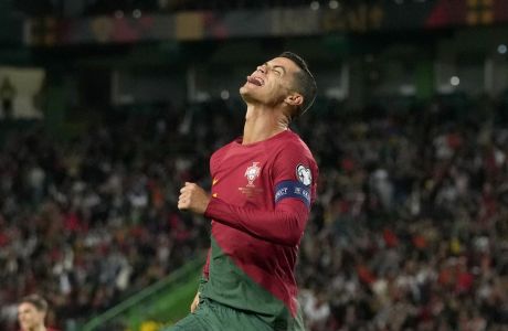 Portugal's Cristiano Ronaldo reacts after having a goal disallowed for offside during the Euro 2024 group J qualifying soccer match between Portugal and Liechtenstein at the Jose Alvalade stadium in Lisbon, Thursday, March 23, 2023. (AP Photo/Armando Franca)