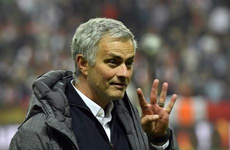 United manager Jose Mourinho gestures after winning the soccer Europa League final between Ajax Amsterdam and Manchester United at the Friends Arena in Stockholm, Sweden, Wednesday, May 24, 2017. United won 2-0. (AP Photo/Martin Meissner)