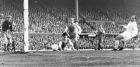 FILE - In this May 18, 1960 file photo, Alfredo Di Stefano,  far right, scores the first goal for Real Madrid in the European Cup Final, against Eintracht Frankfurt, at Hampden Park Stadium, in Glasgow. Real Madrid won its fifth straight European Cup in front of a crowd of more than 127,000. Madrids performance is widely considered one of the greatest by a club side. Hungarys Ferenc Puskas scored four while Argentinas Di Stefano added the other three as Madrid ran out 7-3 winners. (AP Photo/File)