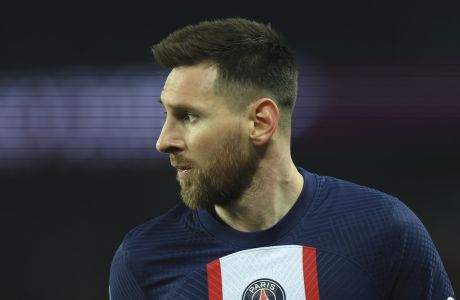 PSG's Lionel Messi reacts during the French League One soccer match between Paris Saint-Germain and Lyon at the Parc des Princes stadium in Paris, Sunday, April 2, 2023. (AP Photo/Aurelien Morissard)