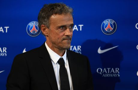 Newly named PSG coach Luis Enrique looks on during a press conference at the new Paris-Saint-Germain training ground Wednesday, July 5, 2023 in Poissy, west of Paris. Paris Saint-Germain fired coach Christophe Galtier after a disappointing season on and replaced him with former Spain and Barcelona manager Luis Enrique. (AP Photo/Aurelien Morissard)