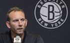 FILE - This June 18, 2018, file photo shows Brooklyn Nets General Manager Sean Marks during a news conference introducing the team's draft picks in New York. NBA League Operations president Byron Spruell said Marks will serve a one-game suspension and be fined $25,000 for entering the referees' locker room after Game 4 of the Nets-76ers playoff series Saturday. (AP Photo/File, Mary Altaffer)