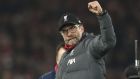Liverpool's manager Jurgen Klopp celebrates at the end of the English Premier League soccer match between Liverpool and Manchester City at Anfield stadium in Liverpool, England, Sunday, Nov. 10, 2019. Liverpool won 3-1. (AP Photo/Jon Super)