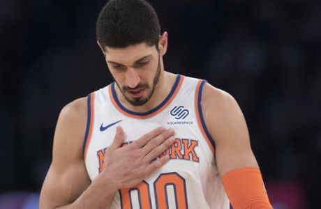 New York Knicks center Enes Kanter reacts during the first half of an NBA basketball game against the Brooklyn Nets, Saturday, Dec. 8, 2018, at Madison Square Garden in New York. (AP Photo/Mary Altaffer)