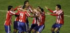 Paraguay's players celebrate after beating Venezuela in the penalty shootout during a Copa America semifinal soccer match in Mendoza, Argentina, Wednesday, July 20, 2011. After the match ended 0-0 in extra time, Paraguay won 5-3 on penalties. (AP Photo/Jorge Saenz)
