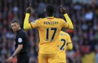 Crystal Palace's Christian Benteke celebrates scoring against Liverpool during the English Premier League soccer match at Anfield, Liverpool, Sunday April 23, 2017. (Peter Byrne/PA via AP)
