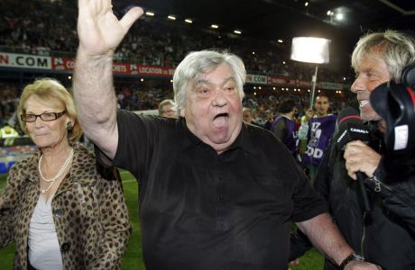 Montpellier's President Louis Nicollin reacts after Montpellier defeated Lille in their League One soccer match, at La Mosson stadium, in Montpellier, southern France, Sunday, May 13,  2012. (AP Photo/Claude Paris)