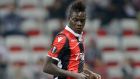 Nice's Mario Balotelli watches the ball during a Europa League group K soccer match between OGC Nice and Lazio at the Allianz Riviera stadium in Nice, French Riviera, Thursday, Oct. 19, 2017 (AP Photo/Claude Paris)