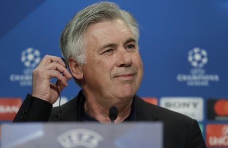 Bayern's head coach Carlo Ancelotti attends a news conference prior to the Champions League quarterfinal first leg soccer match between FC Bayern Munich and Real Madrid, in Munich, Germany, Tuesday, April 11, 2017. Munich will face Real on Wednesday. (AP Photo/Matthias Schrader)