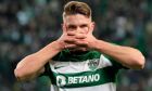Sporting's Viktor Gyoekeres celebrates after scoring his side's opening goal during the Europa League playoff second leg soccer match between Sporting CP and Young Boys at the Alvalade stadium in Lisbon, Thursday, Feb. 22, 2024. (AP Photo/Armando Franca)