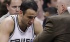 San Antonio Spurs' Manu Ginobili, of Argentina, sits on the bench after he injured his nose during the third quarter of Game 3 of a first-round NBA basketball playoff series agasint the Dallas Mavericks, Friday, April 23, 2010 in San Antonio. (AP Photo/Eric Gay)