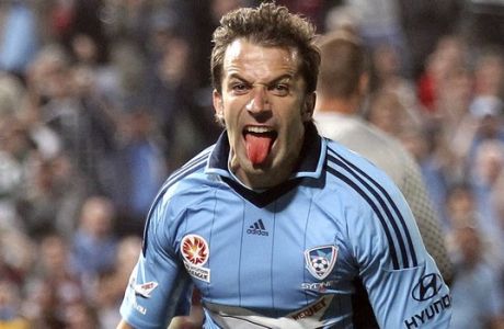 Sydney FC player Alessandro Del Piero celebrates after scoring a goal against Western Sydney Wanderers during their A-league soccer match in Sydney, Australia, Saturday, Oct. 20, 2012 . Sydney FC won the match 1-0. (AP Photo/Rob Griffith)