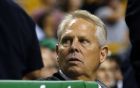 Boston Celtics general manager and President of Basketball Operations Danny Ainge sits courtside before their preseason NBA basketball game against the Philadelphia 76ers in Boston Monday, Oct. 9, 2017. (AP Photo/Winslow Townson)