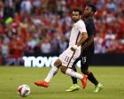 Roma forward Mohamed Salah and Liverpool forward Daniel Sturridge, right, race for a loose ball during a friendly soccer match Monday, Aug. 1, 2016, in St. Louis. Roma won the match 2-1. (AP Photo/Billy Hurst)