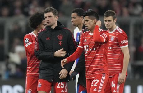Bayern players celebrate after the Champions League round of 16 second leg soccer match between Bayern Munich and Paris Saint Germain at the Allianz Arena in Munich, Germany, Wednesday, March 8, 2023. Bayern won 2-0. (AP Photo/Matthias Schrader)