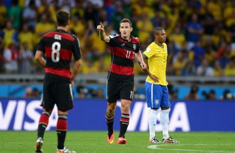 BELO HORIZONTE, BRAZIL - JULY 08: Miroslav Klose of Germany celebrates scoring his team second goal  during the 2014 FIFA World Cup Brazil Semi Final match between Brazil and Germany at Estadio Mineirao on July 8, 2014 in Belo Horizonte, Brazil.  (Photo by Lars Baron - FIFA/FIFA via Getty Images)