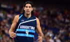 Aug 8, 2012; London, United Kingdom; Argentina player Luis Scola (4) reacts during the men's quarterfinal against Brazil in the 2012 London Olympic Games at North Greenwich Arena.   Mandatory Credit: Mark J. Rebilas-USA TODAY Sports