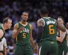 Utah Jazz guard Rodney Hood, center, celebrates with forward Joe Ingles, second from left, of Australia, and forward Joe Johnson, second from right, after scoring as Los Angeles Clippers guard Austin Rivers, left, walks away and forward Gordon Hayward watches during the second half in Game 7 of an NBA basketball first-round playoff series, Sunday, April 30, 2017, in Los Angeles. (AP Photo/Mark J. Terrill)