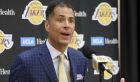 FILE - In this July 11, 2018, file photo, Los Angeles Lakers general manager Rob Pelinka speaks at a news conference at the NBA basketball team's headquarters in El Segundo, Calif. The  Lakers say they have mutually agreed to part ways with coach Luke Walton after three losing seasons. Pelinka announced Walton's departure Friday, April 12, 2019. (AP Photo/Reed Saxon, File)