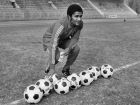 (FILES) -- A file picture taken on October 30, 1973 in the Bois de Boulogne shows former Portuguese football legend Eusebio da Silva Ferreira, more commonly known as Eusebio, posing with soccer balls. Eusebio, who was the 1965 European Footballer of the Year and considered one of the best footballers of all time and best ever from Portugal, died at age 71 on January 5, 2014. AFP PHOTO-/AFP/Getty Images