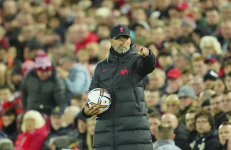 Liverpool's manager Jurgen Klopp gestures during the English Premier League soccer match between Liverpool and West Ham United at Anfield stadium in Liverpool, England, Wednesday, Oct. 19, 2022. (AP Photo/Jon Super)