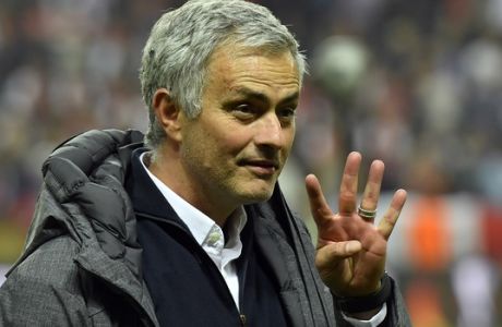 United manager Jose Mourinho gestures after winning the soccer Europa League final between Ajax Amsterdam and Manchester United at the Friends Arena in Stockholm, Sweden, Wednesday, May 24, 2017. United won 2-0. (AP Photo/Martin Meissner)