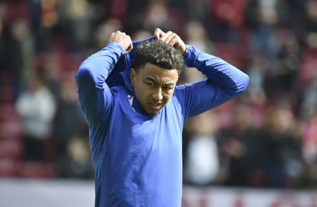 Nottingham Forest's Jesse Lingard warms up prior to the start of the Premier League soccer match between Liverpool and Nottingham Forest at Anfield, in Liverpool, England, Saturday April 22, 2023. (AP Photo/Rui Vieira)