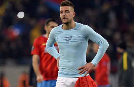 Lazio's Sergej Milinkovic-Savic, reacts after a round of 32, first leg, Europa League soccer match between Steaua Bucharest and Lazio on the National Arena, in Bucharest, Romania, Thursday, Feb. 15, 2018.(AP Photo/Raed Krishan)