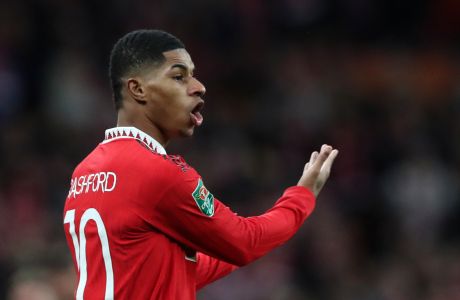 Manchester United's Marcus Rashford gestures during the English League Cup final soccer match between Manchester United and Newcastle United at Wembley Stadium in London, Sunday, Feb. 26, 2023. (AP Photo/Scott Heppell)