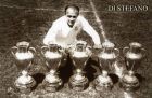 FILE PHOTO: Alfredo Di Stefano has been placed in an induced coma after suffering a heart attack. UNDATED:  Alfredo Di Stefano of Real Madrid poses with European Cup trophies. (Photo by Real Madrid via Getty Images)