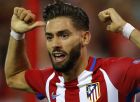 FILE - In this Wednesday, Sept. 28, 2016 file photo, Atletico's Yannick Carrasco celebrates scoring the opening goal during the Champions League group D soccer match between Atletico Madrid and FC Bayern Munich at the Vicente Calderon stadium in Madrid, Spain. Atletico Madrid says it has reached a deal for the transfer of midfielder Yannick Carrasco and Nicolas Gaitan to Chinese club Dalian Yifang. (AP Photo/Daniel Ochoa de Olza, File)