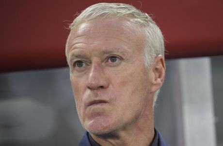 France's head coach Didier Deschamps waits for the start of the UEFA Nations League soccer match between between Austria and France at the Ernst Happel Stadion in Vienna, Austria, Friday, June 10, 2022. (AP Photo/Michael Gruber)