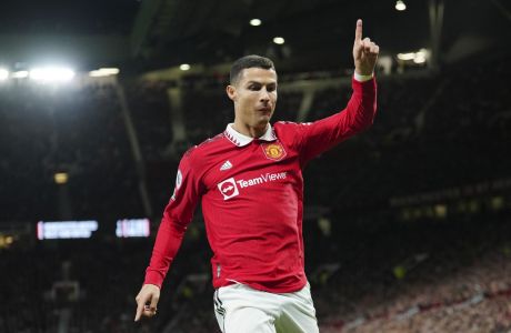 Manchester United's Cristiano Ronaldo gestures during the English Premier League soccer match between Manchester United and West Ham United at Old Trafford stadium in Manchester, England, Sunday, Oct. 30, 2022. (AP Photo/Jon Super)
