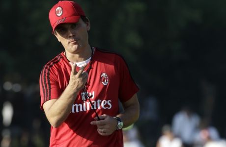 AC Milan coach Vincenzo Montella gestures during a training at the Milanello sport center, in Carnago, Italy, Wednesday, July 5, 2017. (AP Photo/Luca Bruno)