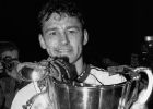 Manchester United Captain Bryan Robson holds the Cup Winners Cup in Rotterdam, Holland, Netherlands on May 15, 1991, after beating Barcelona 2-1. (AP Photo/Dave Caulkin)