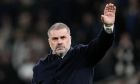 Tottenham Hotspur's manager Ange Postecoglou waves to the fans after victory during the English Premier League soccer match between Tottenham Hotspur and Brighton and Brentford , at White Hart Lane Stadium in London, England, Wednesday , Jan 31, 2024. (AP Photo/Dave Shopland)