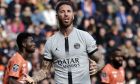 PSG's Sergio Ramos reacts during the French League One soccer match between FC Lorient and Paris Saint-Germain at the Moustoir stadium in Lorient, western France, Sunday, Nov. 6, 2022. (AP Photo/Jeremias Gonzalez)