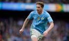Manchester City's Kevin De Bruyne is in action during the English Premier League soccer match between Manchester City and Wolverhampton Wanderers at the Etihad Stadium in Manchester, England, Saturday, May 4, 2024. (AP Photo/Dave Thompson)
