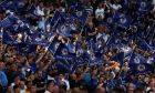 Chelsea fans wave flags during the English FA Cup final soccer match between Chelsea and Liverpool, at Wembley stadium, in London, Saturday, May 14, 2022. (AP Photo/Ian Walton)